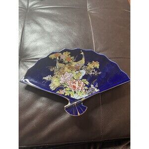 Kutani Japanese Fan Shaped Tray Trinket Dish Cobalt Blue Gold Floral Vtg 7 In